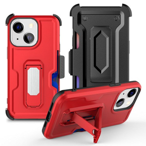 Ultra Rugged Hybrid Kickstand Case with Card Slot and Belt Clip Holster for iPhone 15 - Red