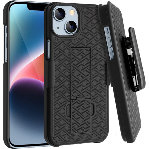 Shell Holster Kickstand Case with Spring Belt Clip for iPhone 15 - Black