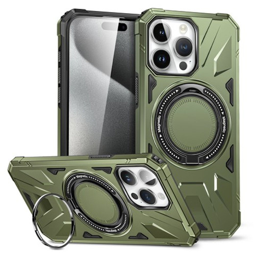Military Grade TUFF MagSafe Case with Rotating Ring Stand for iPhone 15 Plus - Green