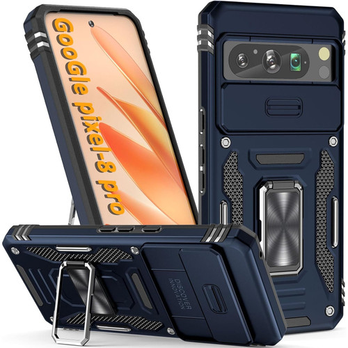 Military Grade Ring Holder Case with Camera Lens Cover for Google Pixel 8 Pro - Blue