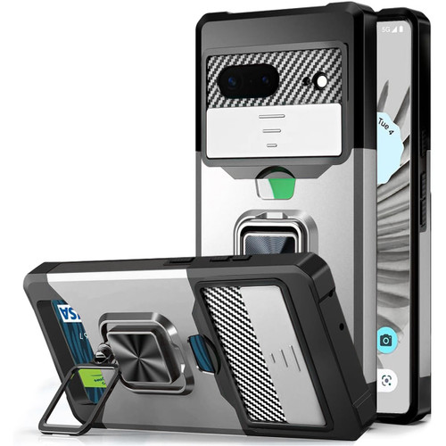 Military Grade All-In-One Ring Stand Card Case for Google Pixel 8 - Silver
