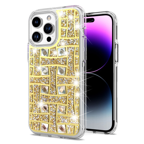 Diamond Encrusted Hybrid Case for iPhone 15 Pro - Basketweave Gold