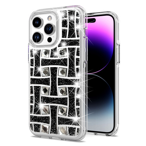 Diamond Encrusted Hybrid Case for iPhone 15 Pro - Basketweave Black