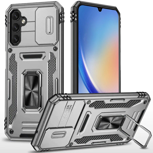 Military Grade Ring Holder Case with Camera Lens Cover for Samsung Galaxy A15 5G - Grey