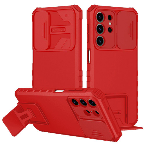 Military Grade Camera Privacy Cover Hybrid Case with Kickstand for Samsung Galaxy S24 Ultra - Red
