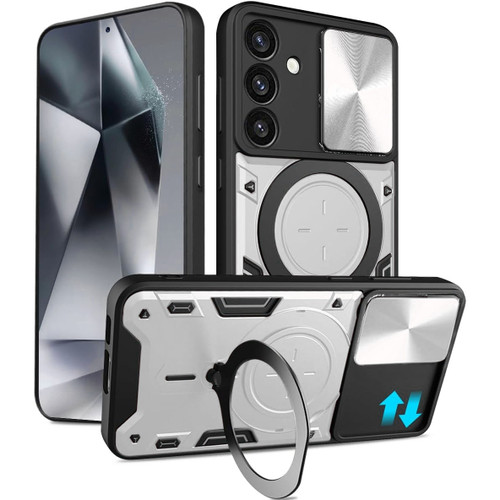 Elite Series Hybrid Case with MagSafe Magnetic Ring Stand and Camera Lens Cover for Samsung Galaxy S24 - Silver