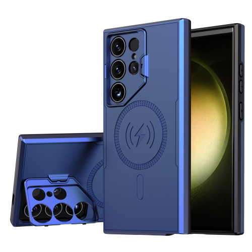 MagSafe Compatible Military Grade Hybrid Case with Camera Ring Stand for Samsung Galaxy S24 Ultra - Blue