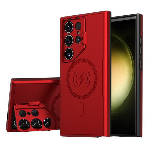 MagSafe Compatible Military Grade Hybrid Case with Camera Ring Stand for Samsung Galaxy S24 Ultra - Red