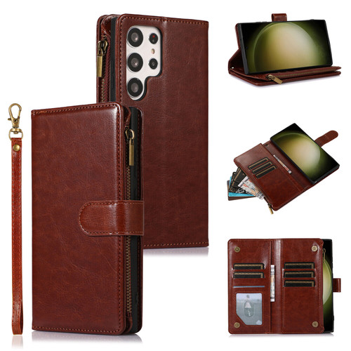Leather Wallet Case with Zipper Pocket for Samsung Galaxy S24 Ultra - Brown