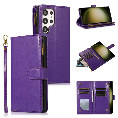 Leather Wallet Case with Zipper Pocket for Samsung Galaxy S24 Ultra - Purple