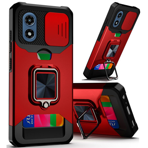 Military Grade All-In-One Ring Stand Card Case for Motorola Moto G Play 2024 - Red