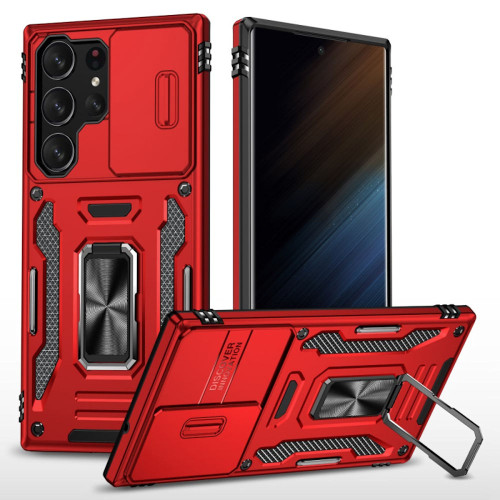 Military Grade Ring Holder Case with Camera Lens Cover for Samsung Galaxy S24 Ultra - Red