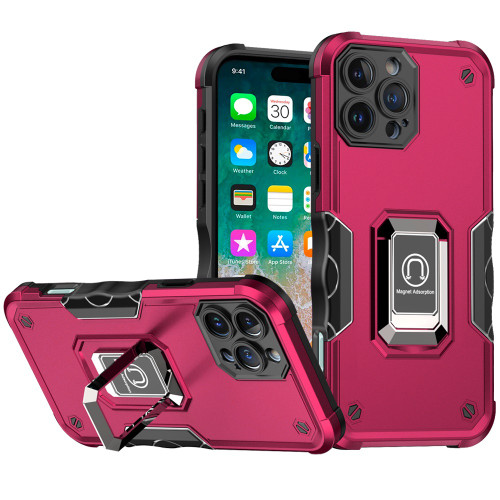 Military Grade Shockproof Hybrid Armor Case with Ring Grip for iPhone 16 Pro Max - Hot Pink