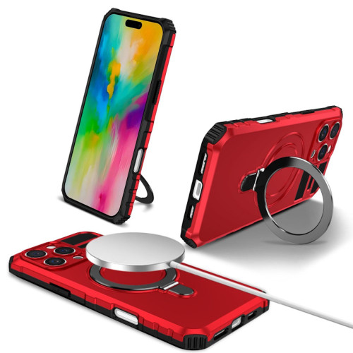 Hybrid Armor Case with MagSafe Ring Stand for iPhone 16 Pro Max - Red
