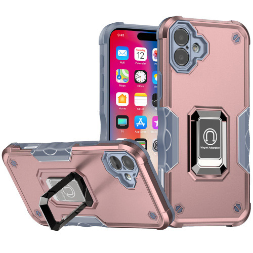 Military Grade Shockproof Hybrid Armor Case with Ring Grip for iPhone 16 - Rose Gold
