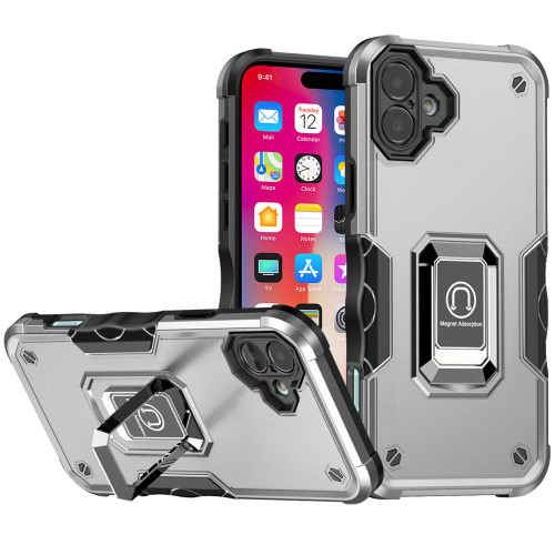 Military Grade Shockproof Hybrid Armor Case with Ring Grip for iPhone 16 - Silver