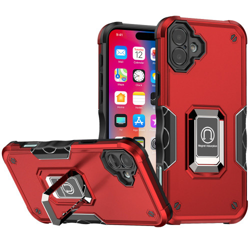 Military Grade Shockproof Hybrid Armor Case with Ring Grip for iPhone 16 Plus - Red