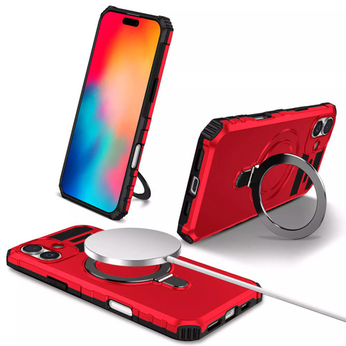 Hybrid Armor Case with MagSafe Ring Stand for iPhone 16 Plus - Red