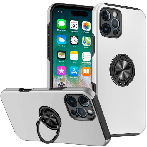360 Rotating Ring Grip Hybrid Case for iPhone 16 Pro Max - Silver