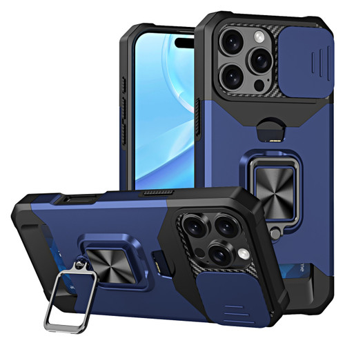 Military Grade All-In-One Ring Stand Card Case for iPhone 16 Pro - Blue