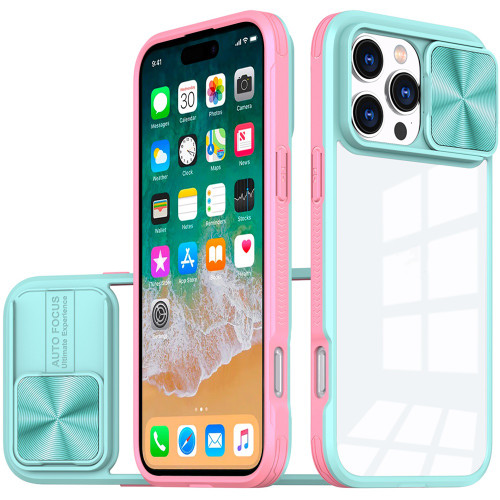 HD Transparent Case with Camera Privacy Cover for iPhone 16 Pro - Pink Blue