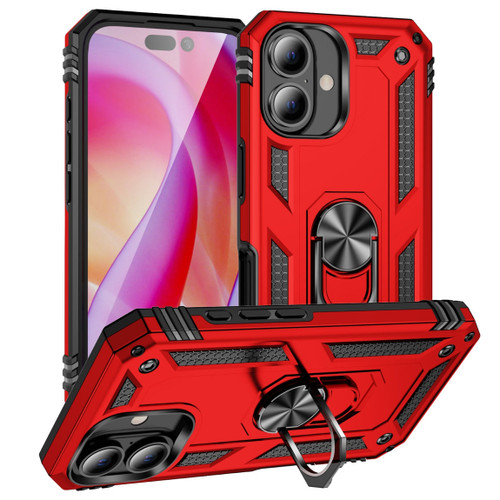 Military Grade Hybrid Case with Ring Grip for iPhone 16 - Red