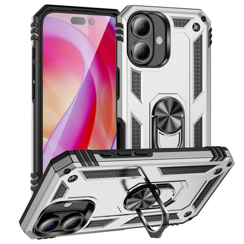 Military Grade Hybrid Case with Ring Grip for iPhone 16 - Silver