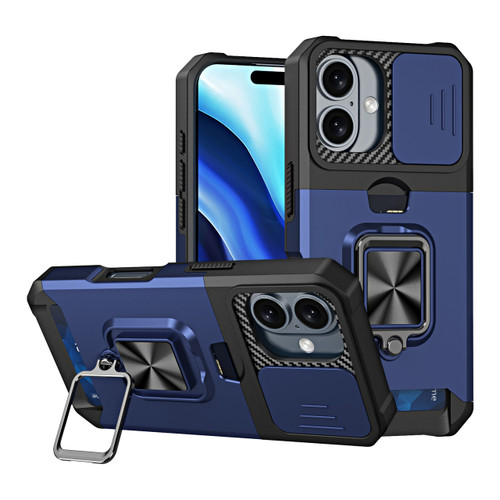 Military Grade All-In-One Ring Stand Card Case for iPhone 16 Plus - Blue