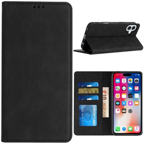 Leather Folio Wallet Case for iPhone 16 - Black
