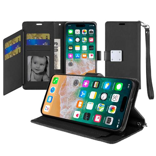 Extra Series Essential Leather Wallet Stand Case for iPhone 16 Pro Max - Black