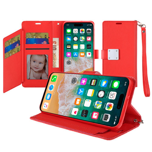 Extra Series Essential Leather Wallet Stand Case for iPhone 16 Pro Max - Red