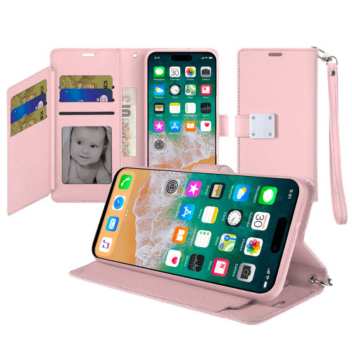 Extra Series Essential Leather Wallet Stand Case for iPhone 16 Pro - Rose Gold