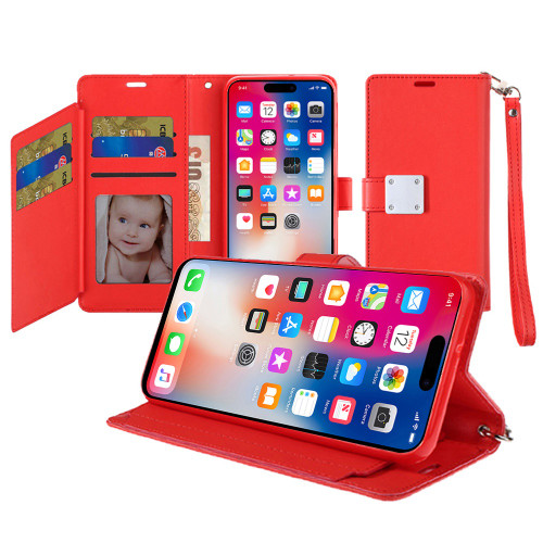 Extra Series Essential Leather Wallet Stand Case for iPhone 16 Plus - Red