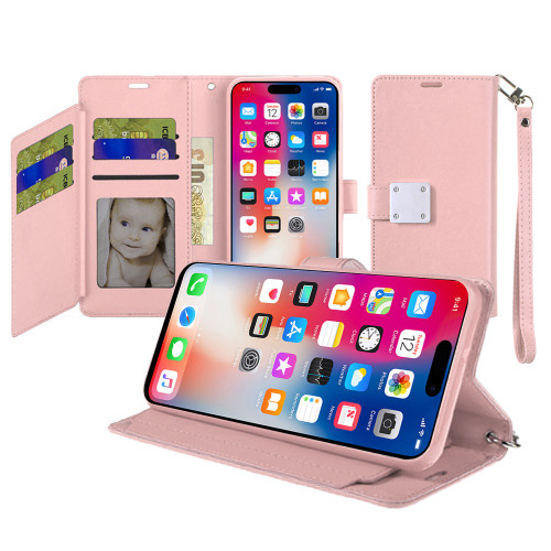 Extra Series Essential Leather Wallet Stand Case for iPhone 16 Plus - Rose Gold