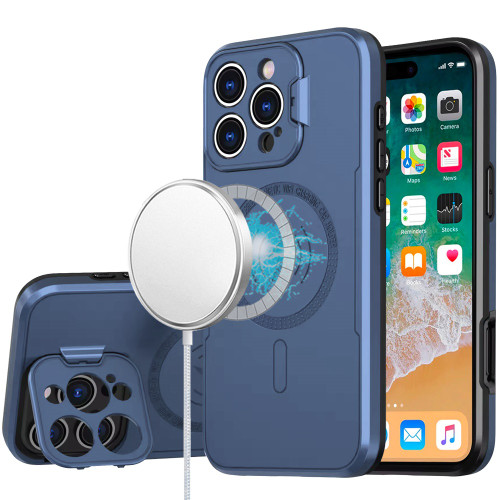 MagSafe Compatible Hybrid Case with Camera Ring Stand for iPhone 16 Pro Max - Blue