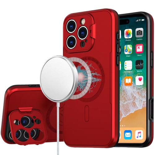 MagSafe Compatible Hybrid Case with Camera Ring Stand for iPhone 16 Pro Max - Red