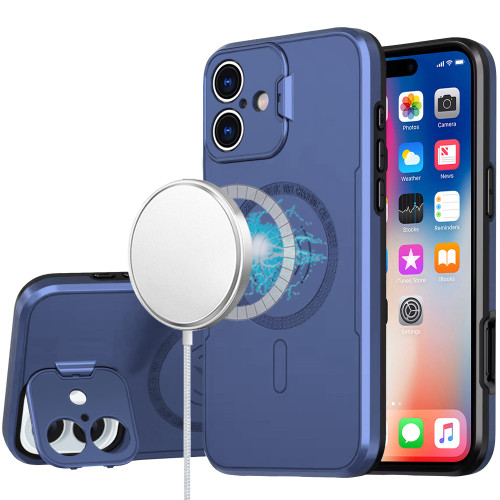 MagSafe Compatible Hybrid Case with Camera Ring Stand for iPhone 16 - Blue