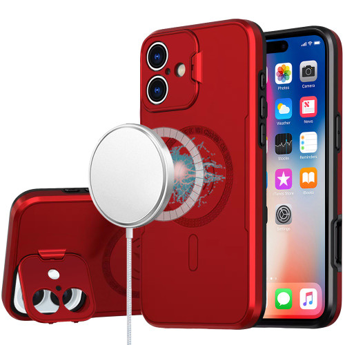 MagSafe Compatible Hybrid Case with Camera Ring Stand for iPhone 16 - Red