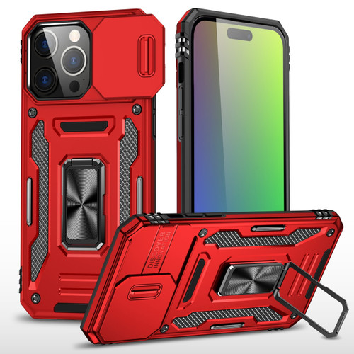 Military Grade Ring Holder Case with Camera Lens Cover for iPhone 16 Pro Max - Red