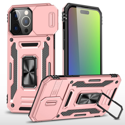 Military Grade Ring Holder Case with Camera Lens Cover for iPhone 16 Pro - Rose Gold