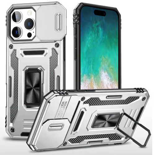 Military Grade Ring Holder Case with Camera Lens Cover for iPhone 16 Pro - Silver