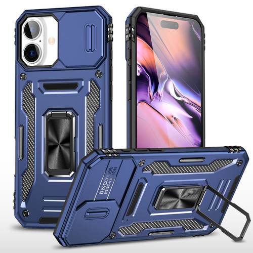 Military Grade Ring Holder Case with Camera Lens Cover for iPhone 16 Plus - Navy Blue