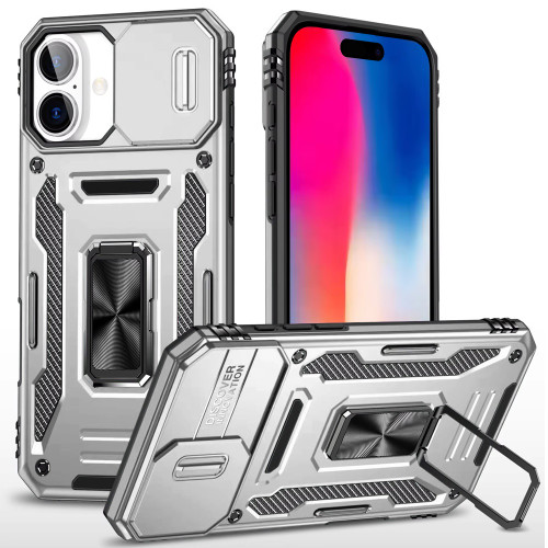 Military Grade Ring Holder Case with Camera Lens Cover for iPhone 16 Plus - Silver