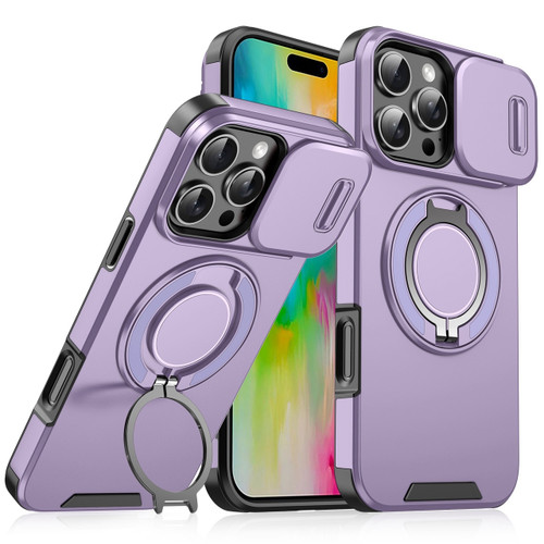 Dual Layer MagSafe Case with Rotating Stand and Privacy Camera Cover for iPhone 16 Pro Max - Purple