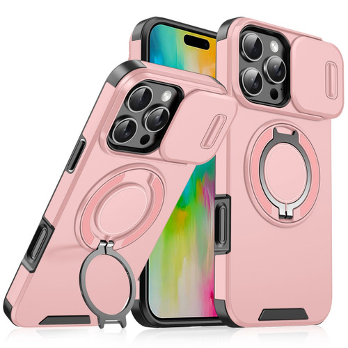 Dual Layer MagSafe Case with Rotating Stand and Privacy Camera Cover for iPhone 16 Pro - Pink