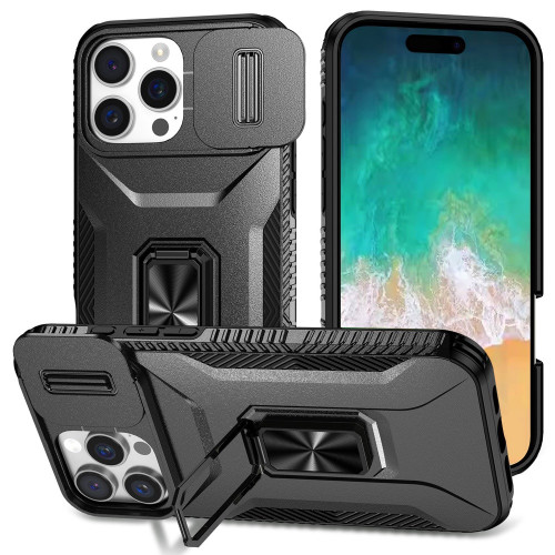 Combat Tough Series Ring Holder Case with Camera Lens Cover for iPhone 16 Pro Max - Black