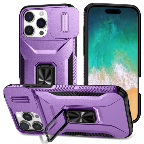 Combat Tough Series Ring Holder Case with Camera Lens Cover for iPhone 16 Pro Max - Purple
