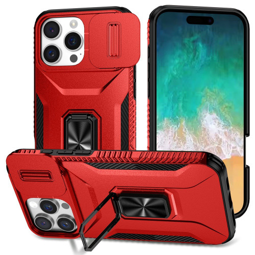 Combat Tough Series Ring Holder Case with Camera Lens Cover for iPhone 16 Pro - Red