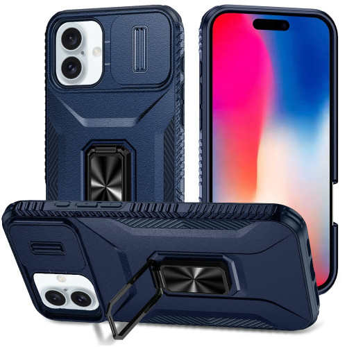 Combat Tough Series Ring Holder Case with Camera Lens Cover for iPhone 16 - Blue
