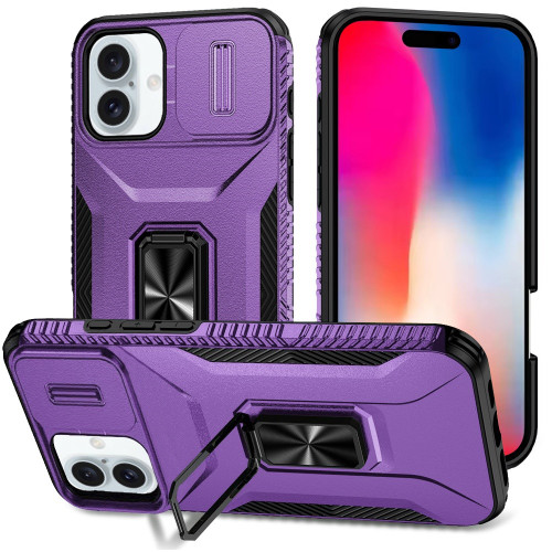 Combat Tough Series Ring Holder Case with Camera Lens Cover for iPhone 16 Plus - Purple